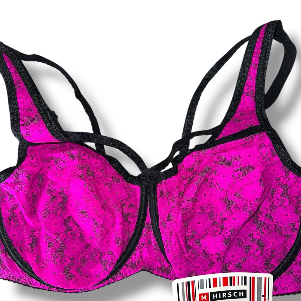 M Hirsch Sz 40DD 90E Underwear Collection Bra FUCHSIA BLACK LACE STRAPPY UW BRA